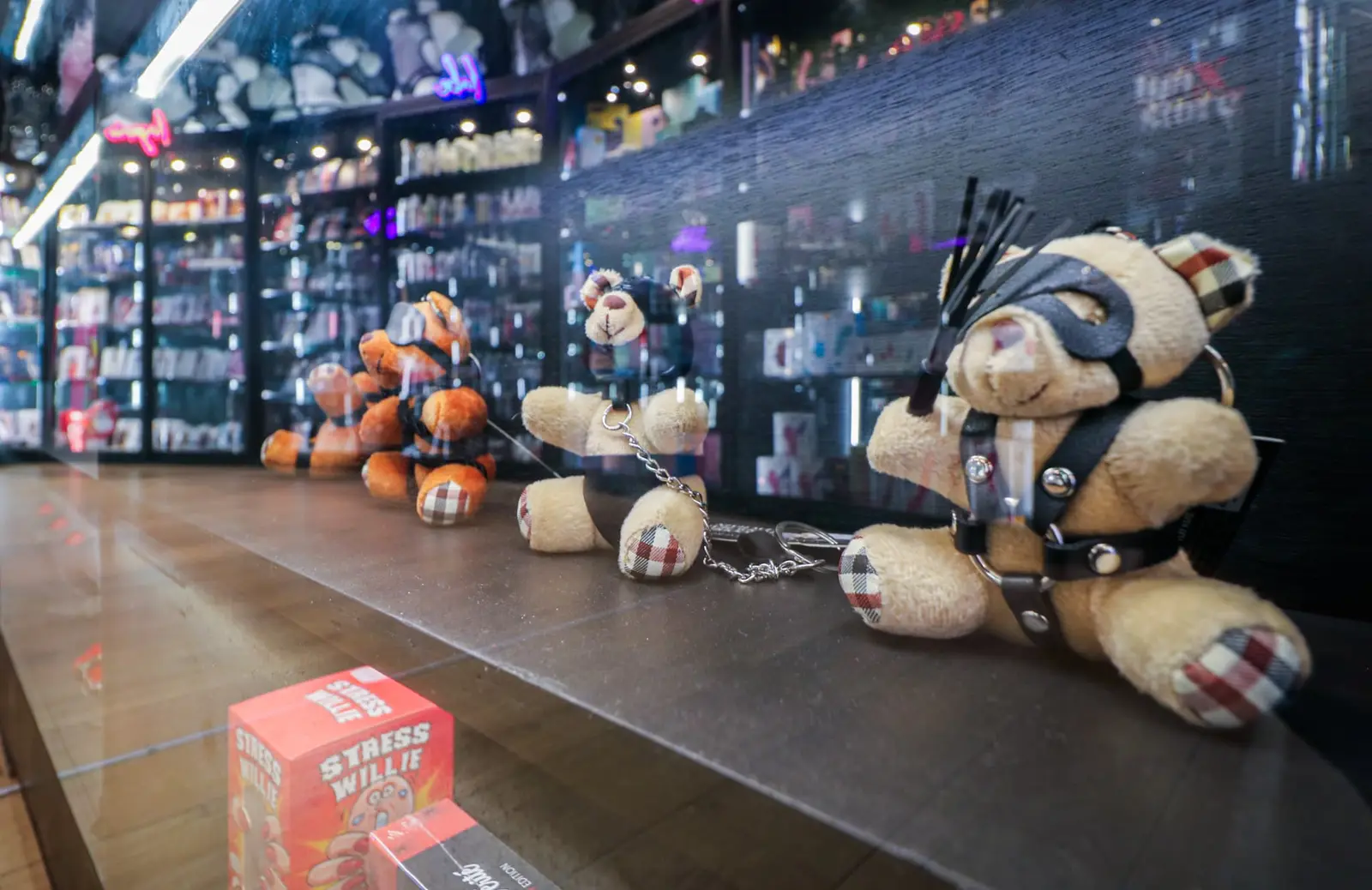 Teddy bears in harnesses, a wink from the BDSM aisle